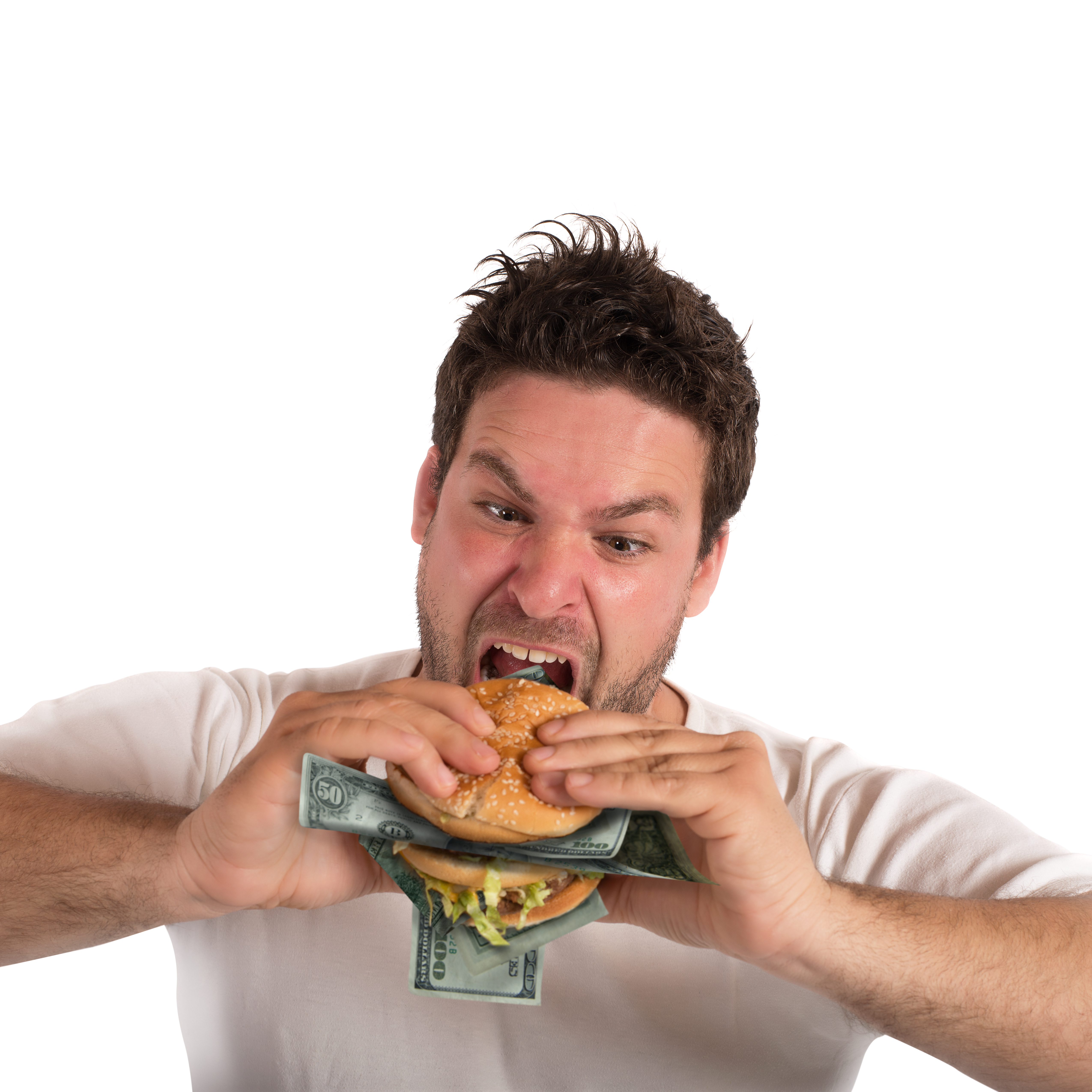 man eats a burger with bank notes