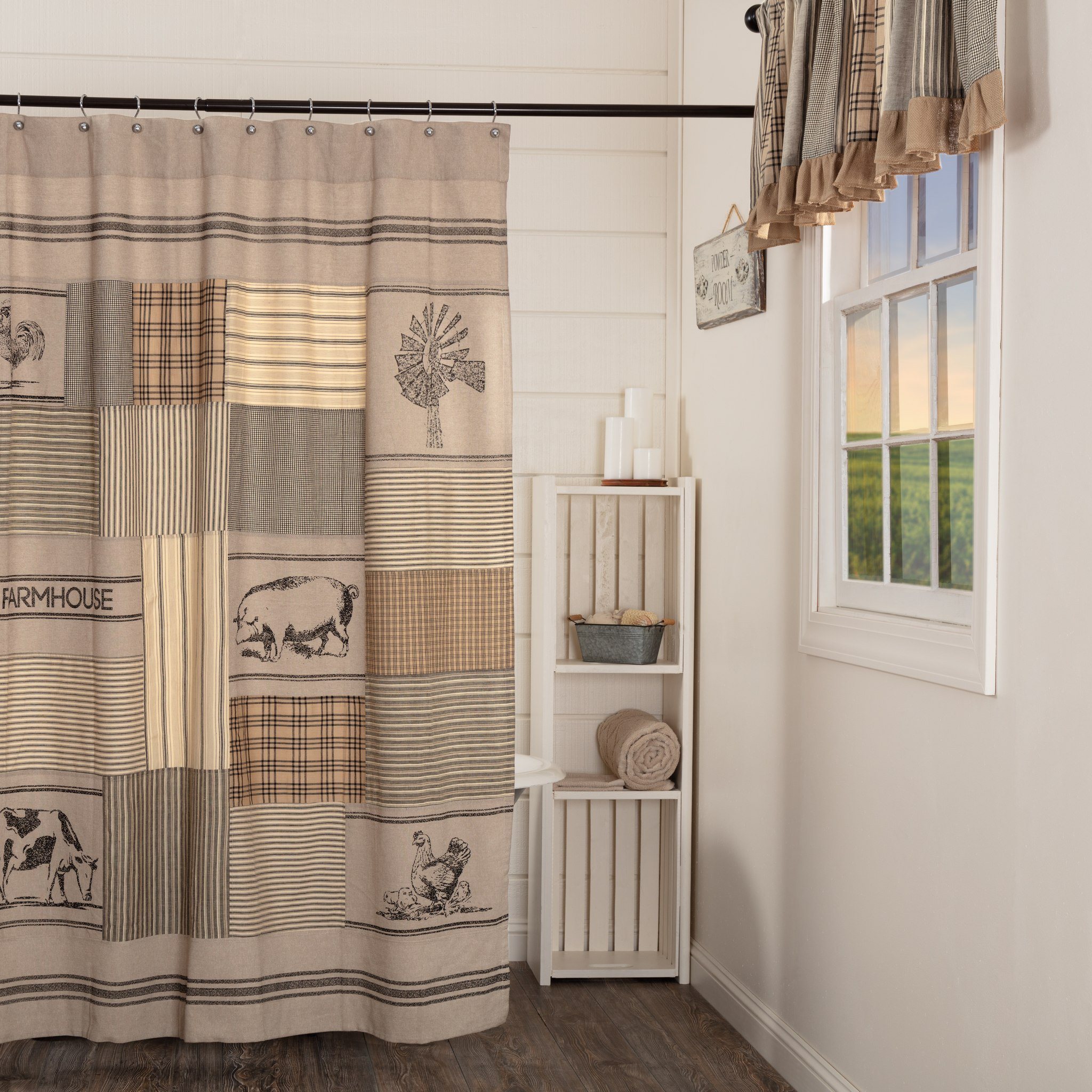 Sawyer Mill charcoal stenciled patchwork shower curtain