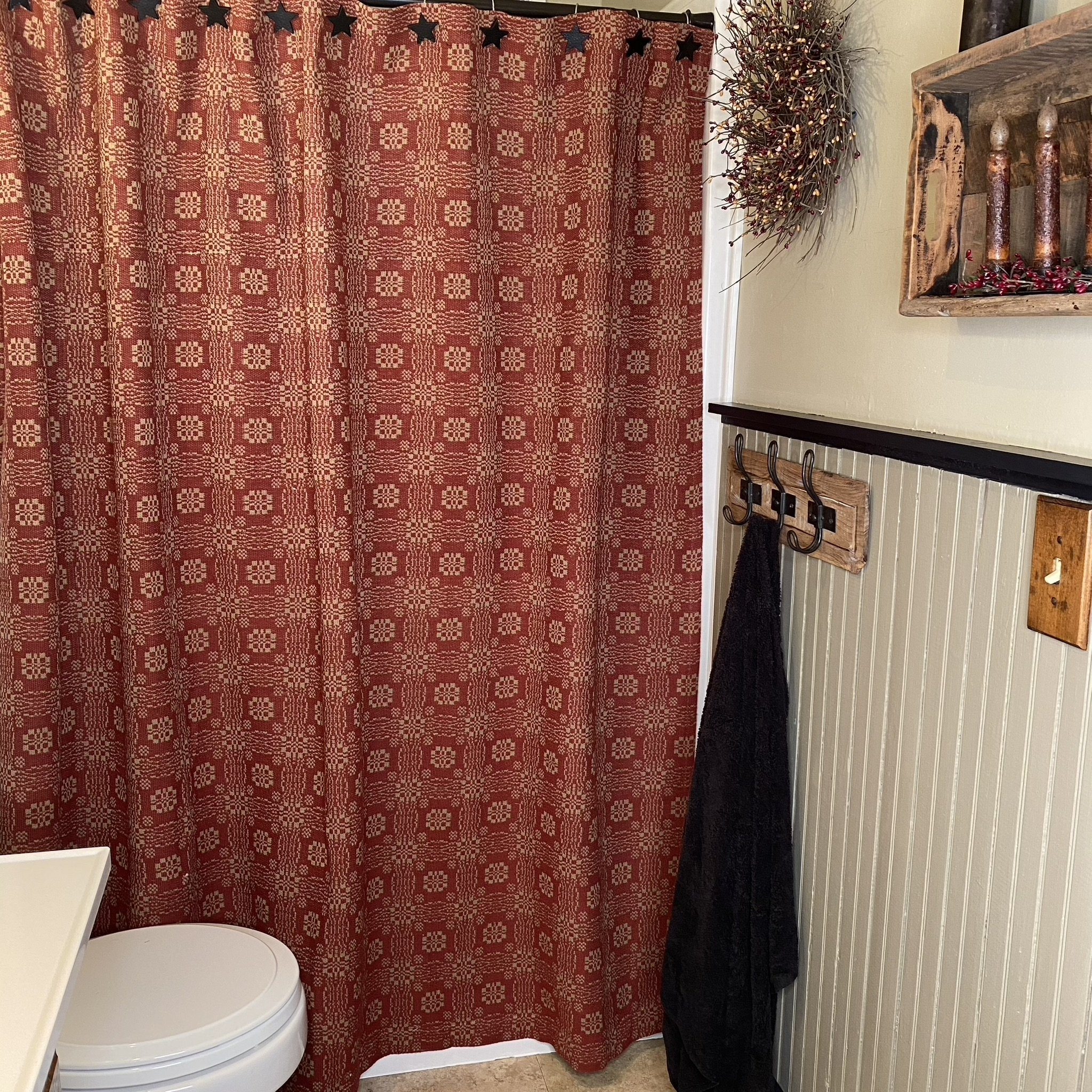Gettysburg cranberry and tan woven shower curtain