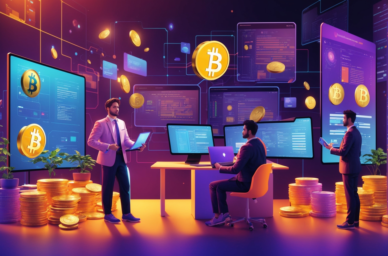 Split-screen image: on one side, a person trades cryptocurrency; on the other, they consult with a tax expert. Digital coins transition into physical, symbolizing virtual earnings becoming taxable income