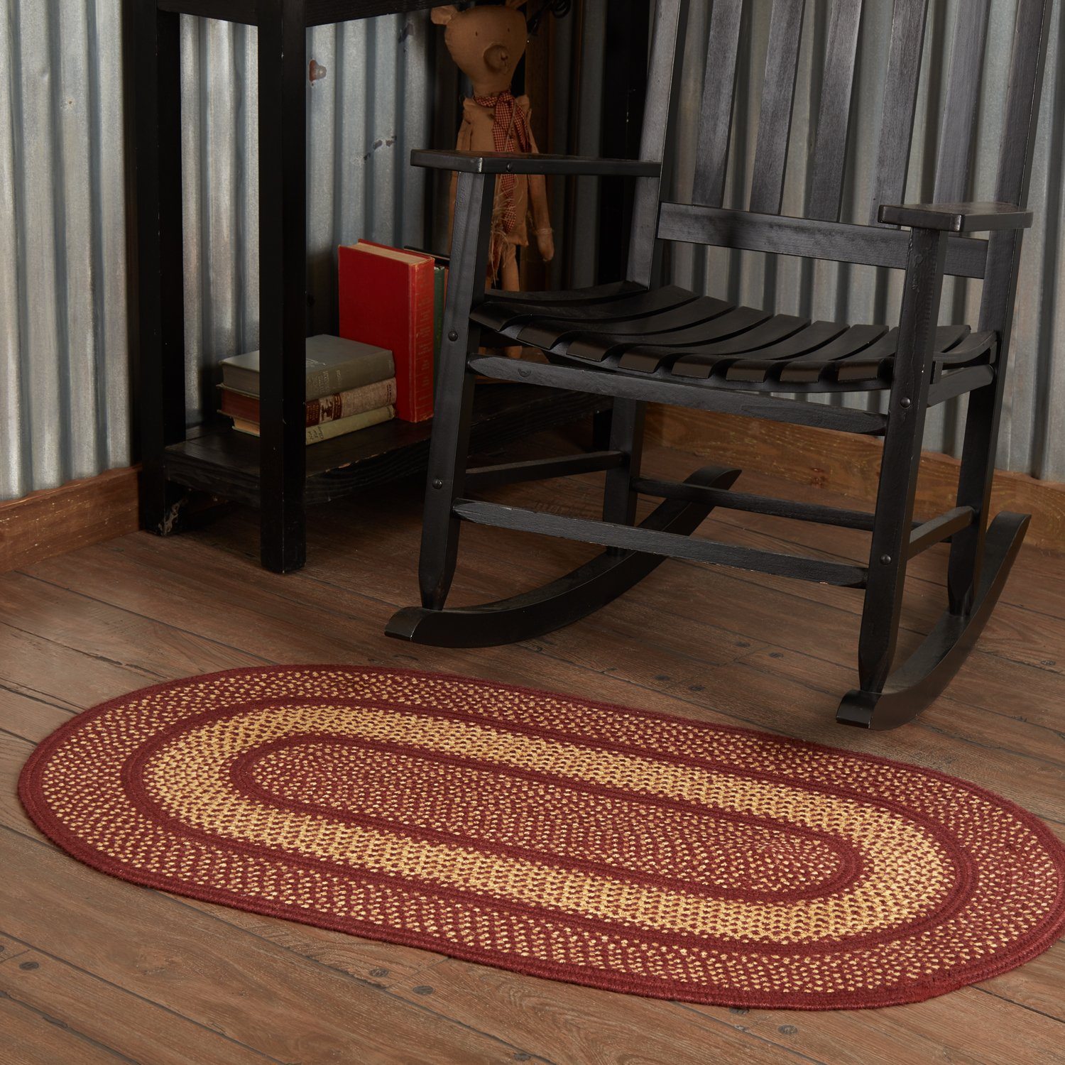 burgundy and tan oval braided rug