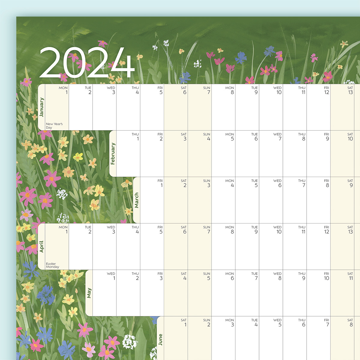 Close up of the Notely 2024 wall planner in A1 landscape size