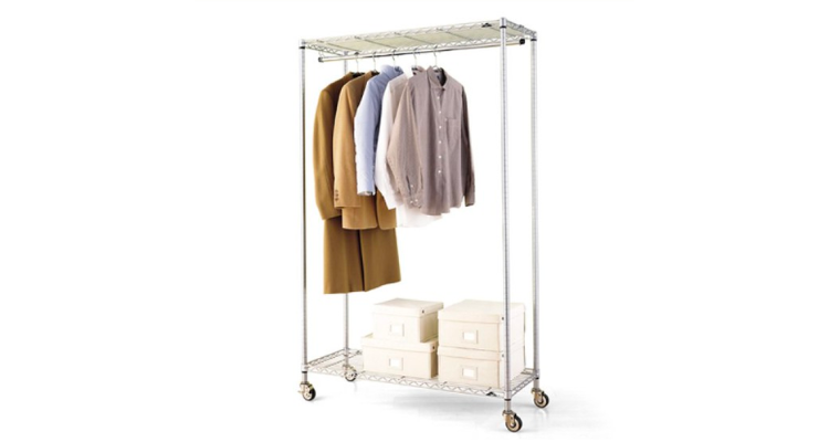 Clothes hanging on a rolling clothing rack