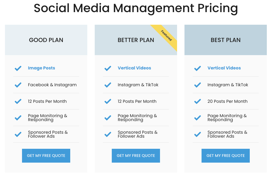 Tired packaged service plan for Social media management