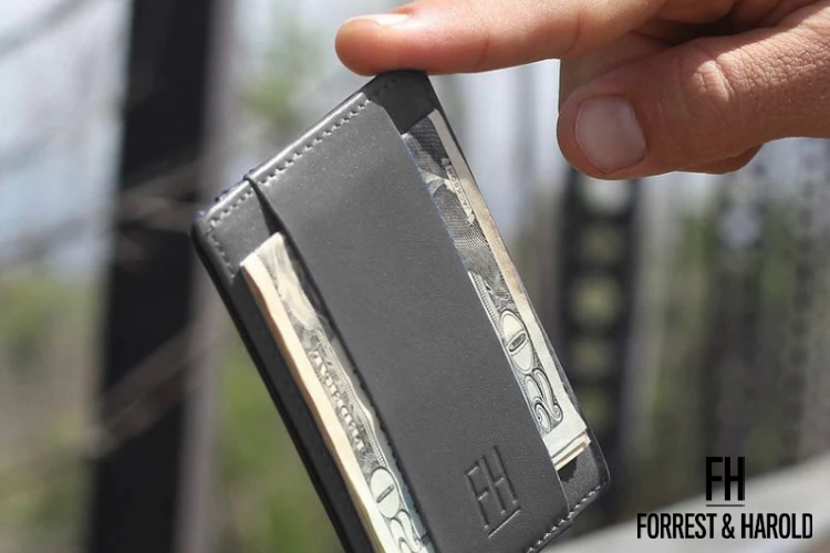 This is a money clip leather wallet by Forrest and Harold