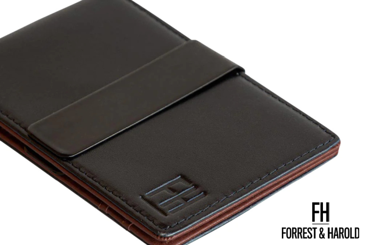 Black leather wallet designed and produced by Forrest and Harold - your go-to source for durable men's wallet