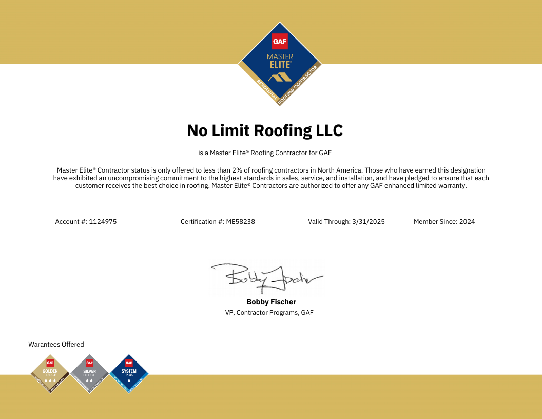 No Limit Roofing GAF Master Elite certificate