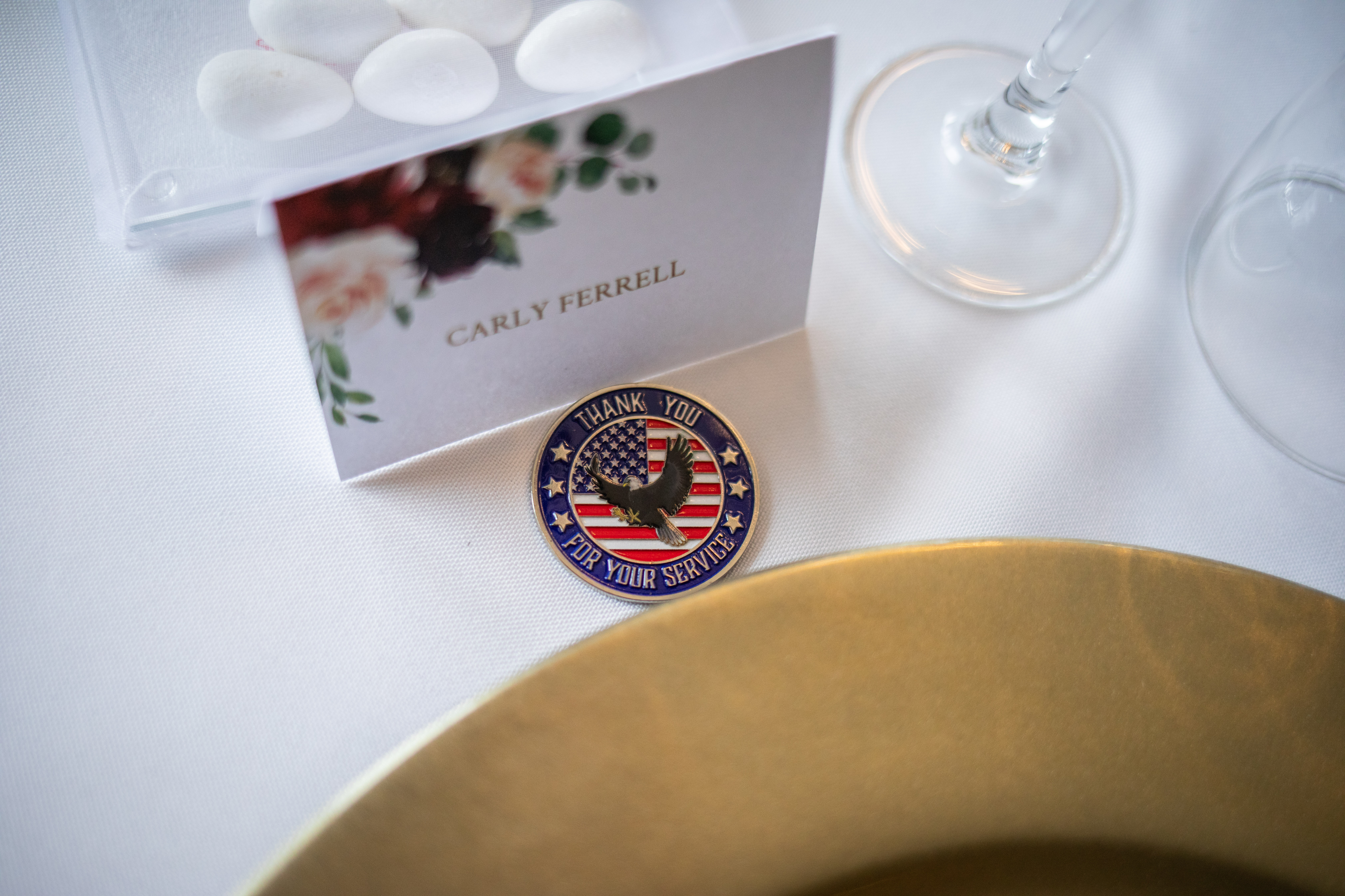 Wedding couple included metal pins for veteran guests which is a 2024 wedding trend at Morningside Inn