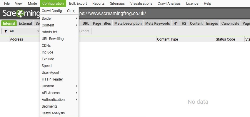 screaming frog content audit configuration