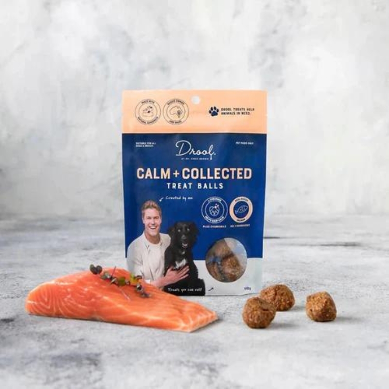 Fresh salmon fillet next to packet of Dr Chris Brown calming treats